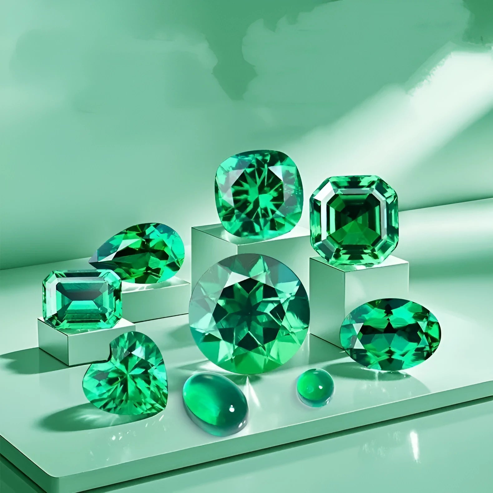 Selection of polished cultivated emerald gemstones in Columbia green colour on a white background, showing various shapes and sizes.