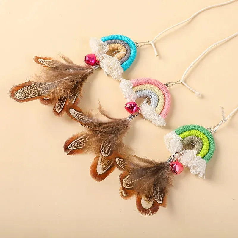 Feather cat rope door swing elastic cat teasing stick toy with sticky buckle clamp in blue, green and pink colours