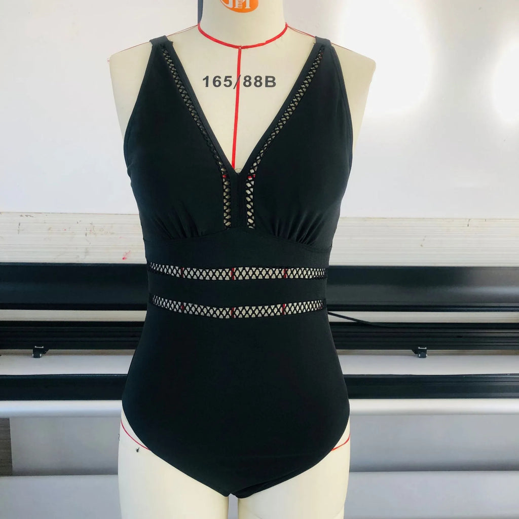 Women's plus size black polyester bikini swimsuit with printing pattern and stitching details