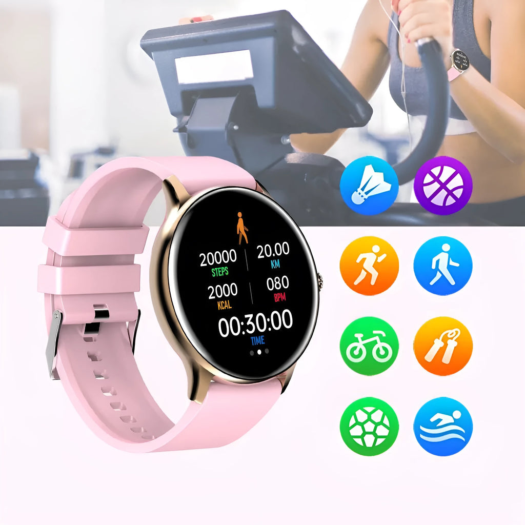 Black smart watch with 1.28 inch screen displaying blood pressure and heart rate data on a silicone wristband.