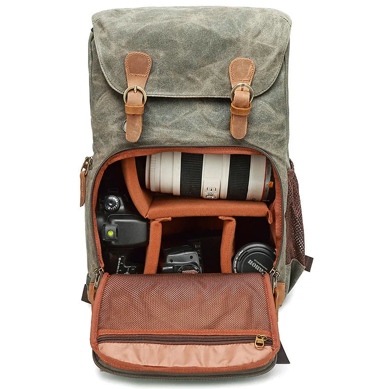 Canvas DSLR camera backpack in khaki colour with backpack straps and protective features