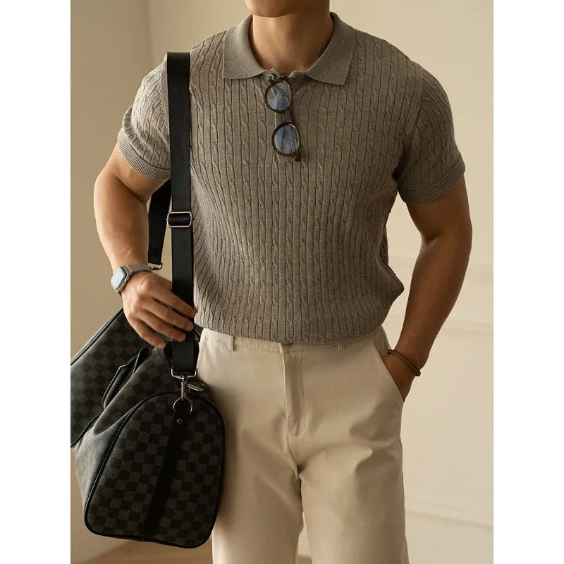 Men's khaki short-sleeve business top on a hanger, showing front design.