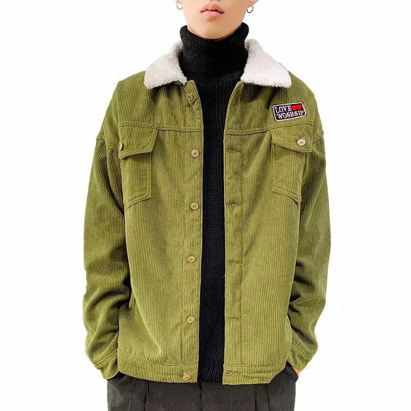 Men's corduroy workwear jacket in loose fit with stick pockets available in khaki, green and black colours