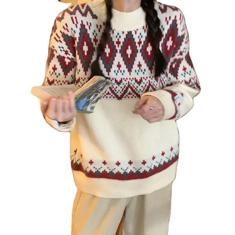 Striped pullover knitted top in loose retro style with long sleeves