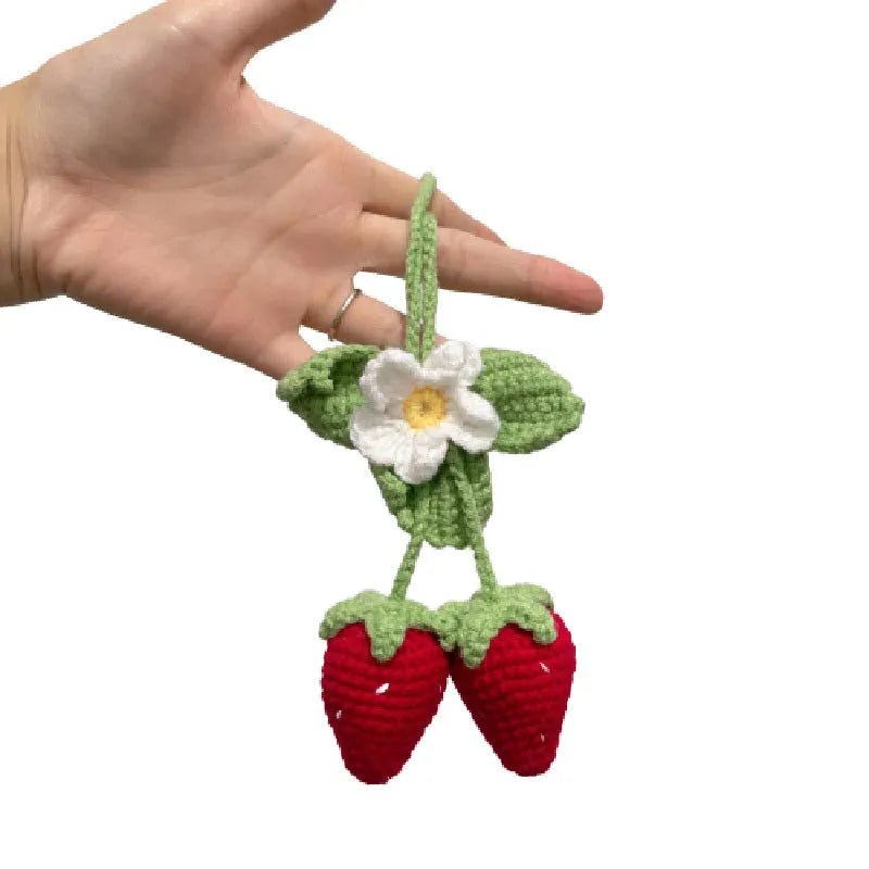 Handmade strawberry-shaped weaving pendant car decoration made from cotton and hemp yarns