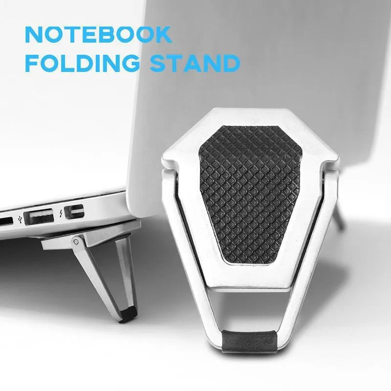 Compact foldable aluminium laptop stand bracket in silver and white with 3M adhesive pads