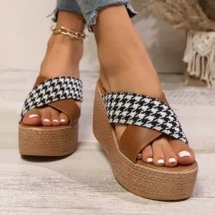 Brown and black plaid wedge sandals with cross leopard pattern and rubber soles