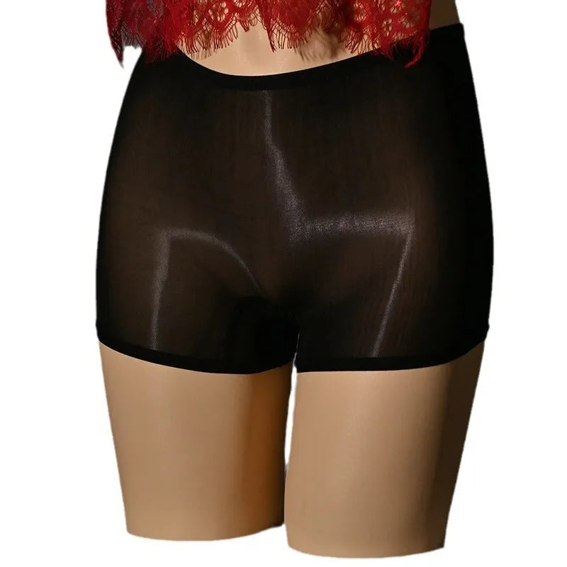 Shiny men's nylon underwear stockings in multiple colours on a mid-waist mannequin.