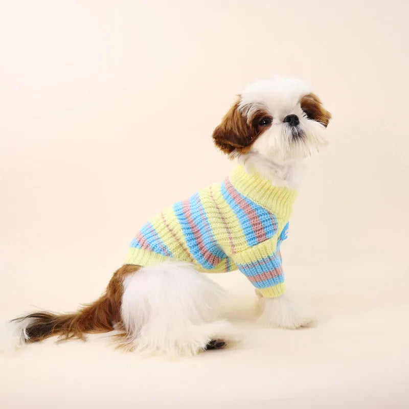 Blue and yellow striped wool sweater for a small dog on a mannequin, showing casual style.