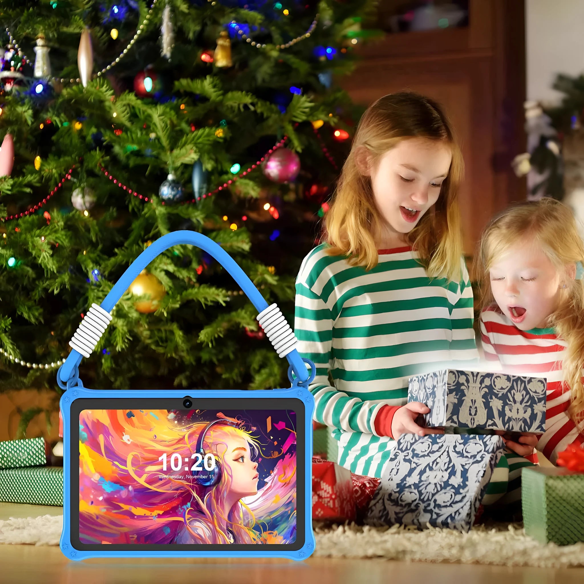 7-inch children's silicone tablet case with flat strap in sapphire blue or dark pink colour options