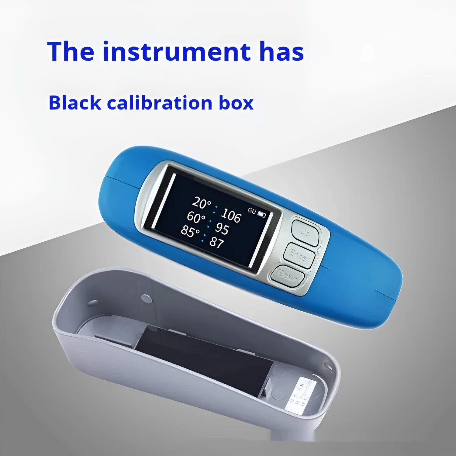 Portable glossiness tester with ceramic calibration stone showing measurement angles