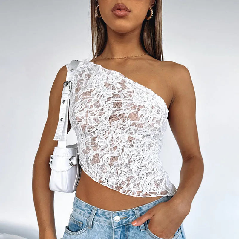 Women's sleeveless lace backless top with asymmetrical neck in multiple colour options