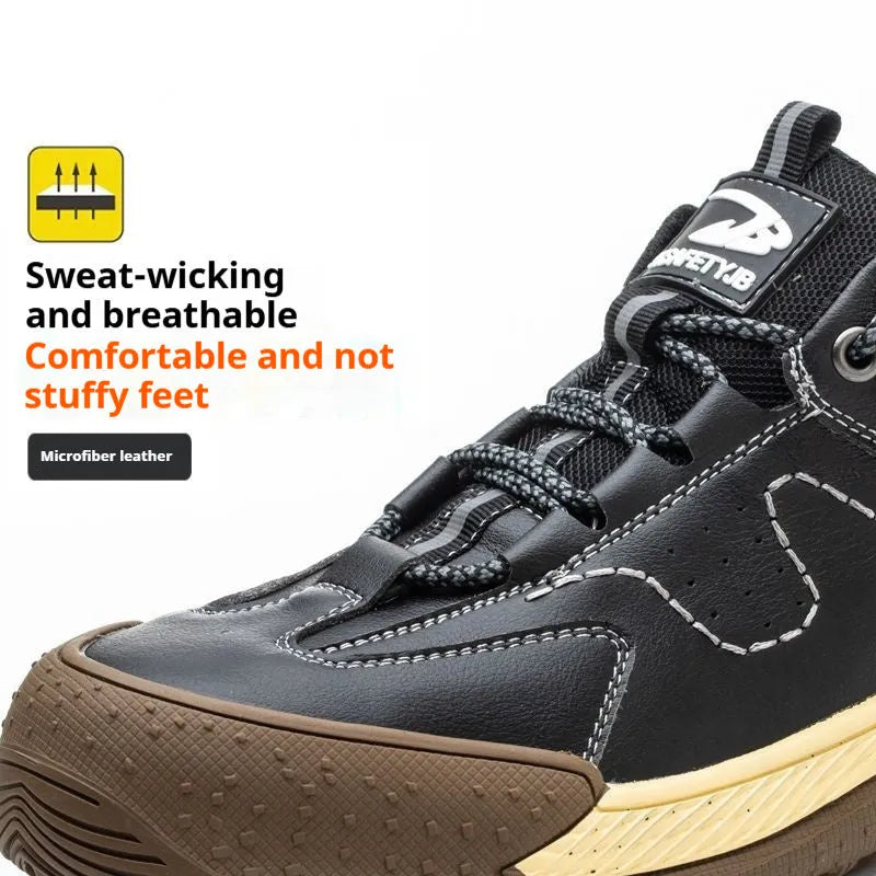 Leather upper work shoes with rubber sole and flyknit detailing, shown in available colours.