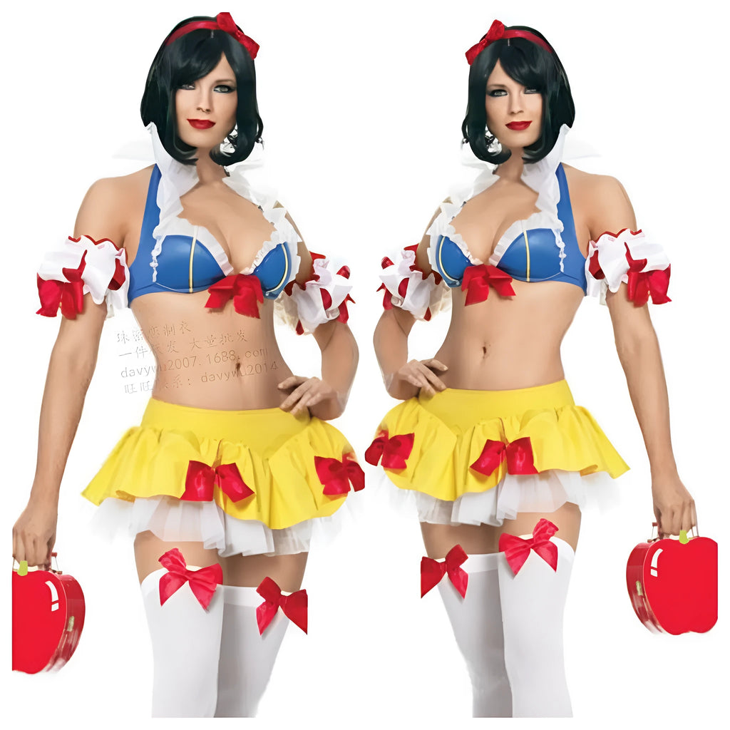 Snow White anime cosplay costume set with headdress, top, short skirt, and sleeves on a hanger.