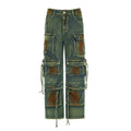 Loose cargo denim trousers with gradient colour pockets and collage stitching details