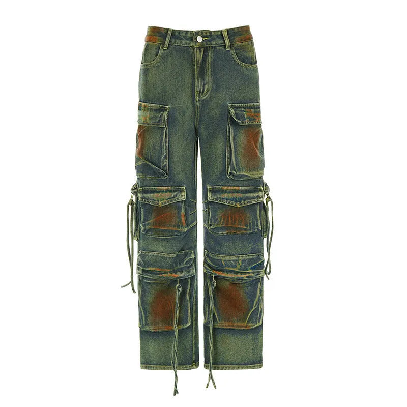 Loose cargo denim trousers with gradient colour pockets and collage stitching details