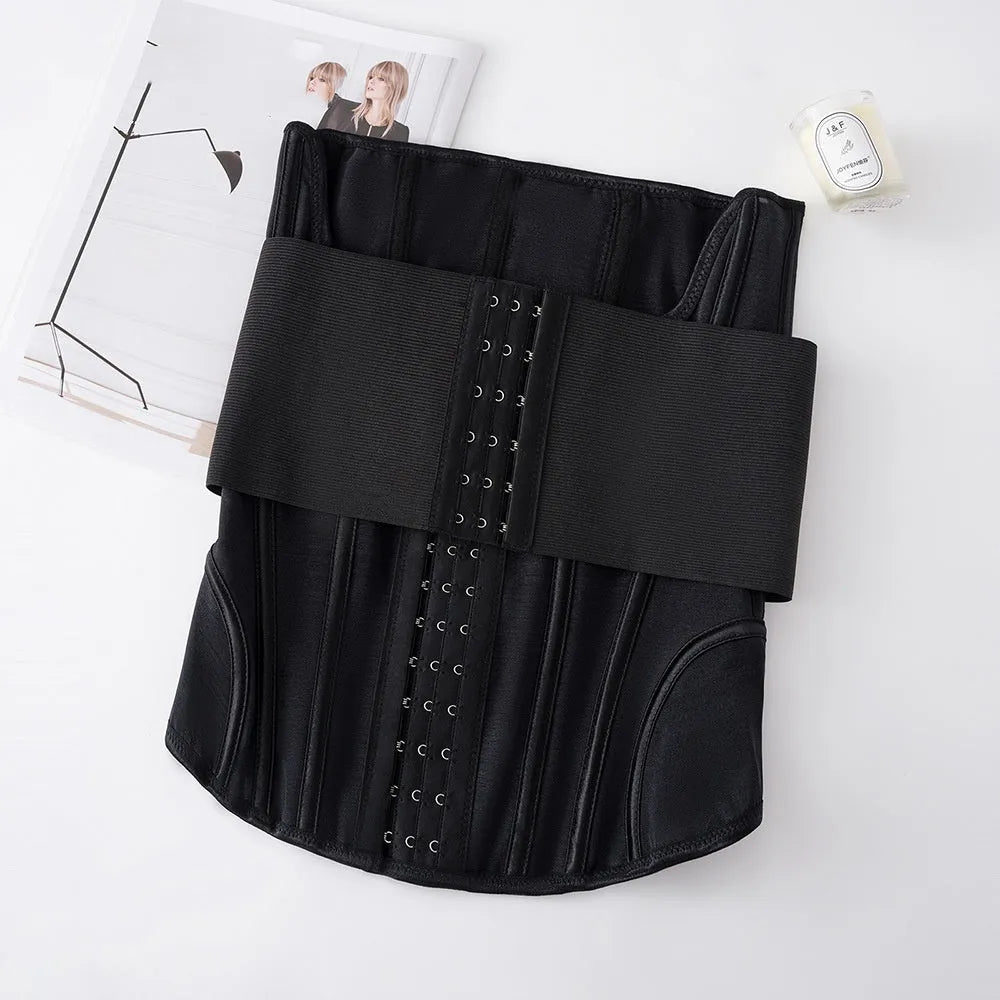 Nylon belly band waist trainer in black colour with adjustable belt tie closure