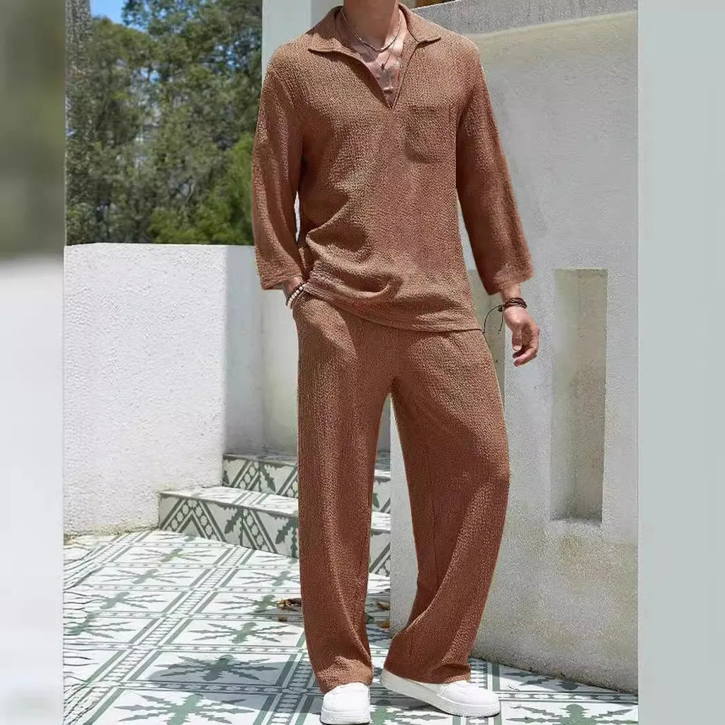 Men's casual shirt trousers suit in polyester available in lake blue, khaki, black and caramel colours