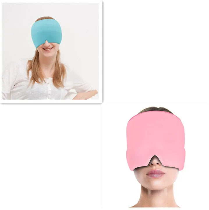 Black elastic cloth gel eye mask with adjustable headband for headache relief, shown on face
