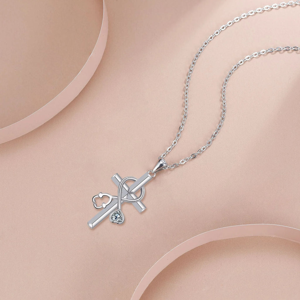 Women's cross stethoscope pendant necklace with electroplated copper construction and cross chain