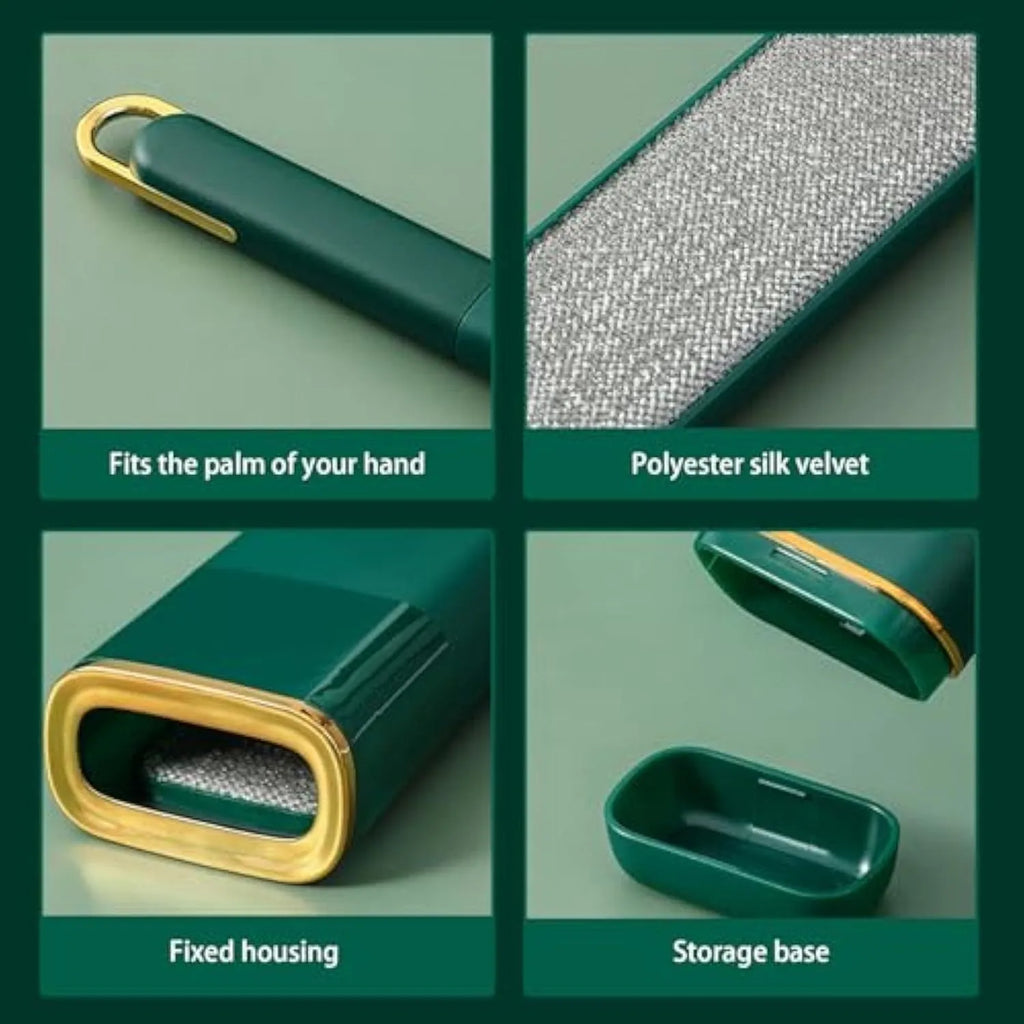 Blue, green, and white double-sided pet hair remover brush with storage base.