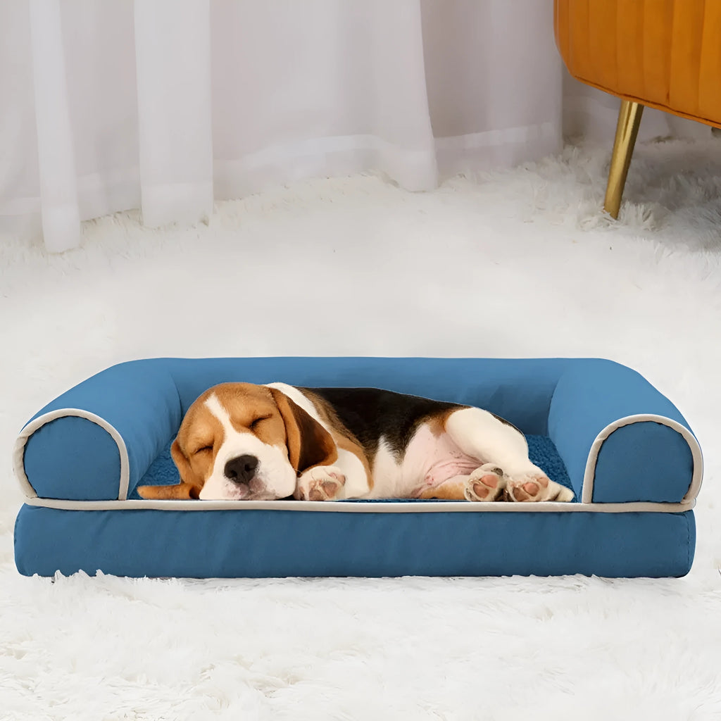 Square cloth dog bed with sponge filling shown in blue, available in multiple sizes for small to large dogs.