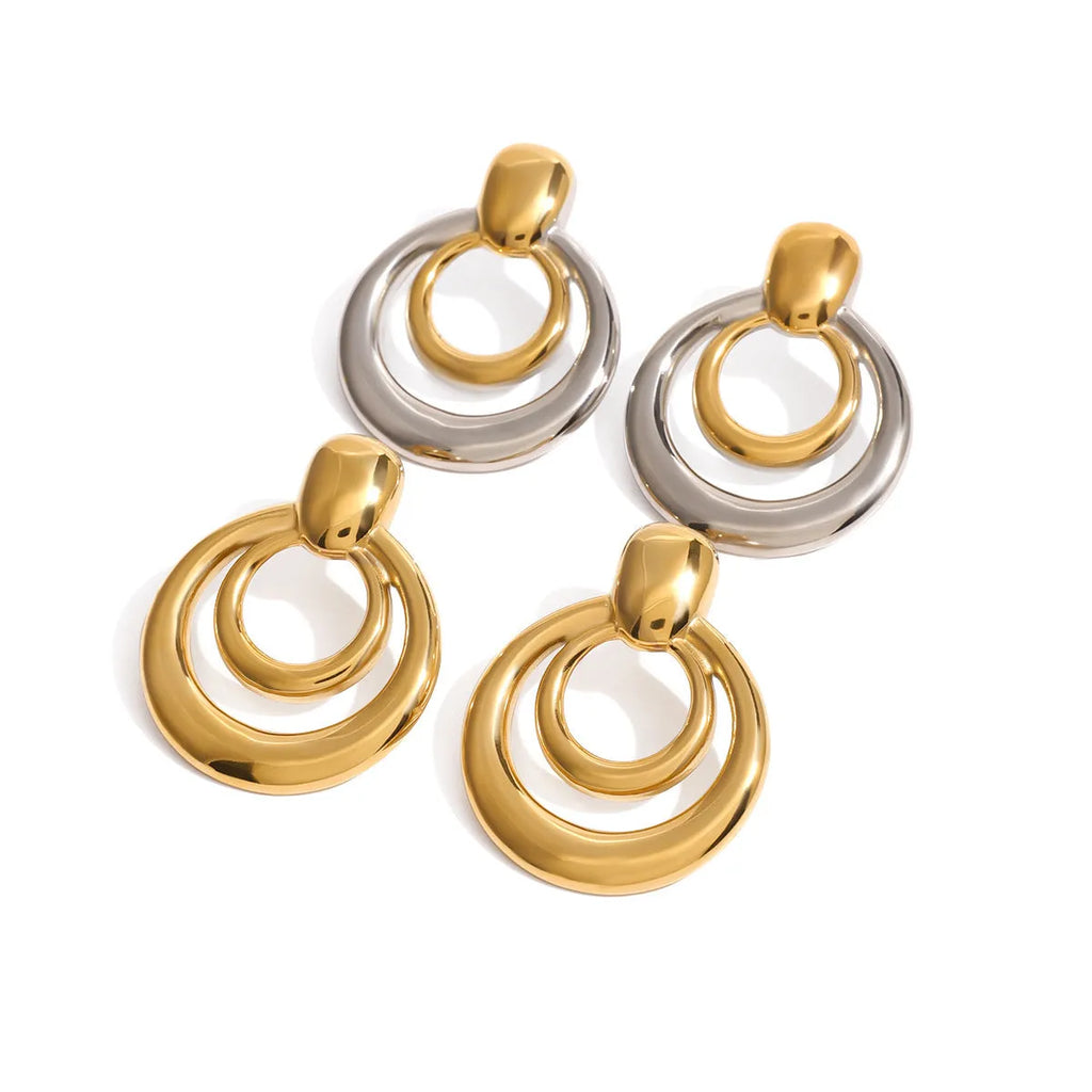 Golden round double layer hollow stud earrings with geometric design on titanium steel