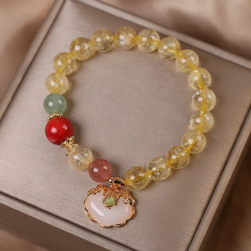 Women's pendant bracelet with natural citrine jade ruyi charm in yellow hair crystal colour