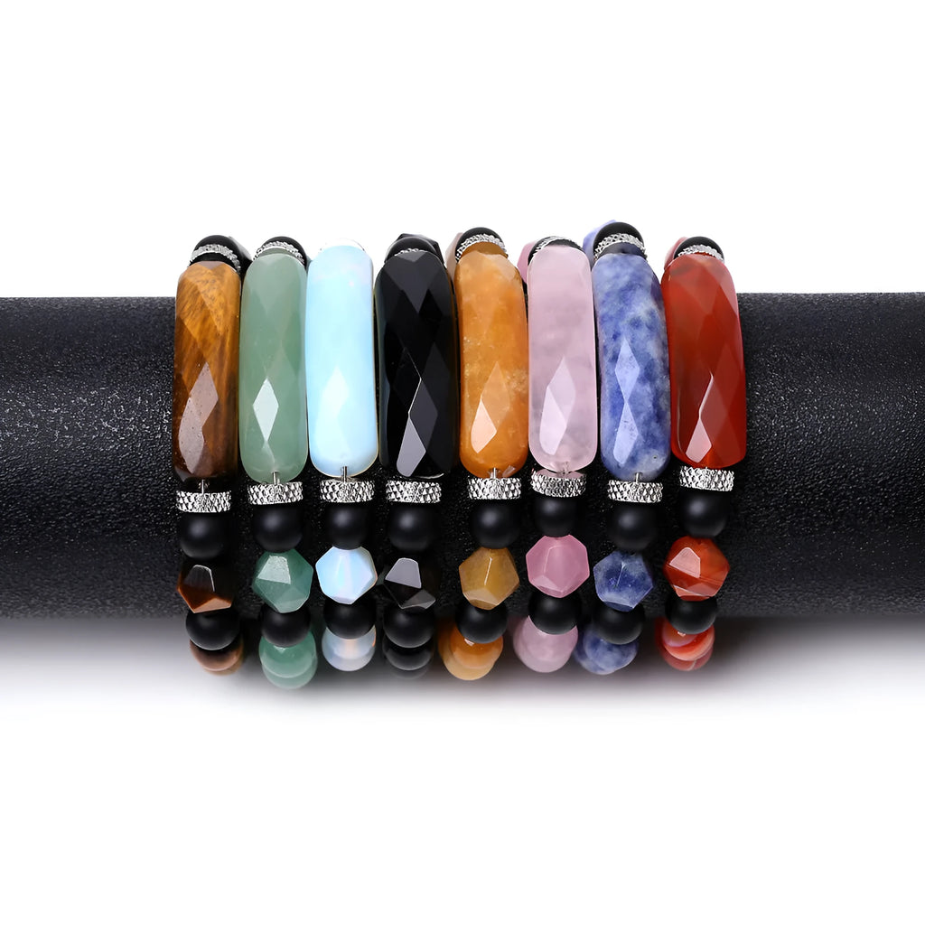 Handmade diamond-shaped cut black agate bracelet with geometric design and fan-shaped elements