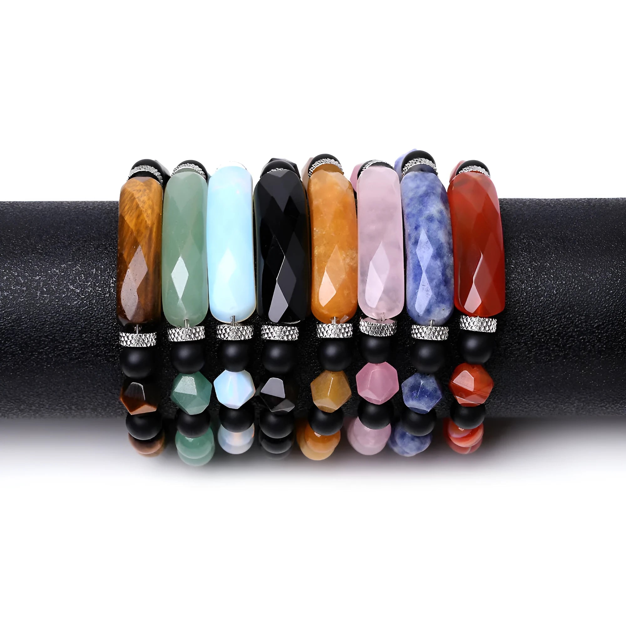 Handmade diamond-shaped cut black agate bracelet with geometric design and fan-shaped elements