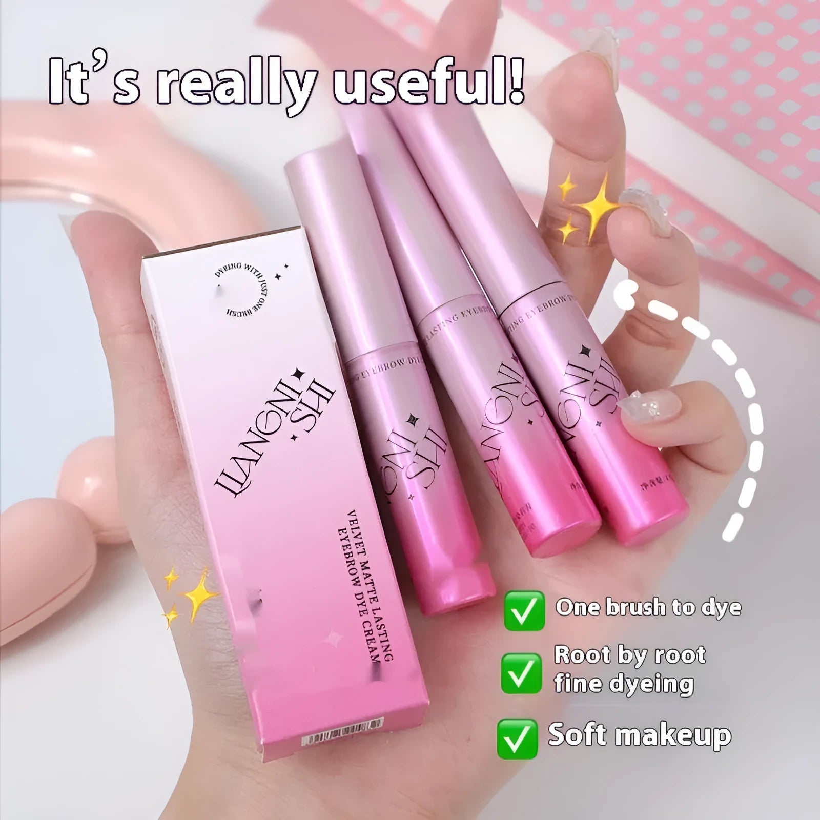 Eyebrow cream product in pencil and powder format showing four natural shade options