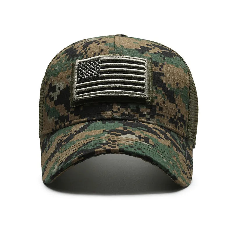 Tactical camouflage baseball hat with machine-embroidered patterns and adjustable sizing strap