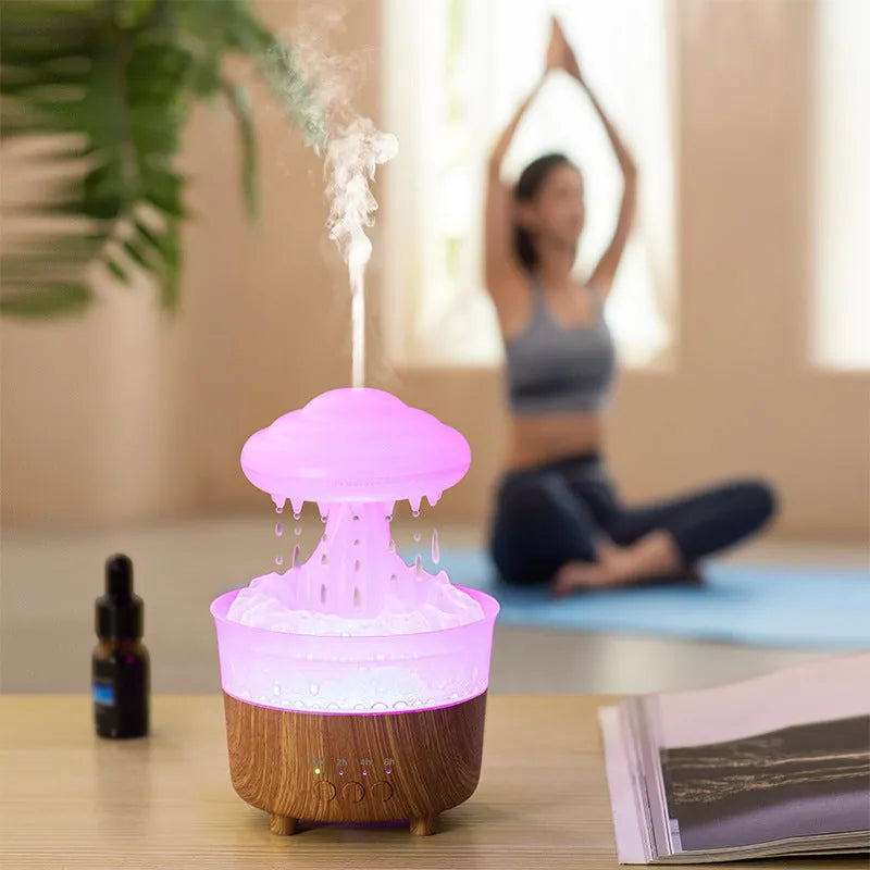 Wood grain white cloud-shaped humidifier diffuser with LED lights and water droplet effect