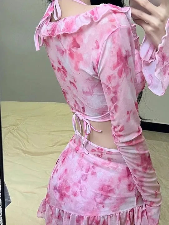 Women's floral bikini swimsuit in cherry blossom pink with Asian sizing