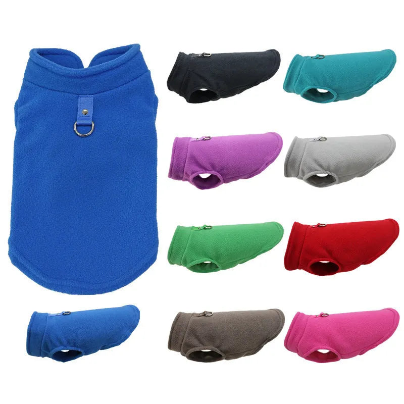 Dog wearing a solid colour thickened polar fleece waistcoat in a casual style