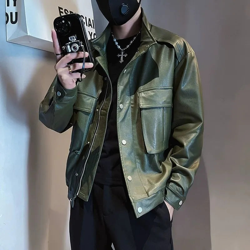 Men's black Korean-style straight hem PU leather jacket with side seam pockets