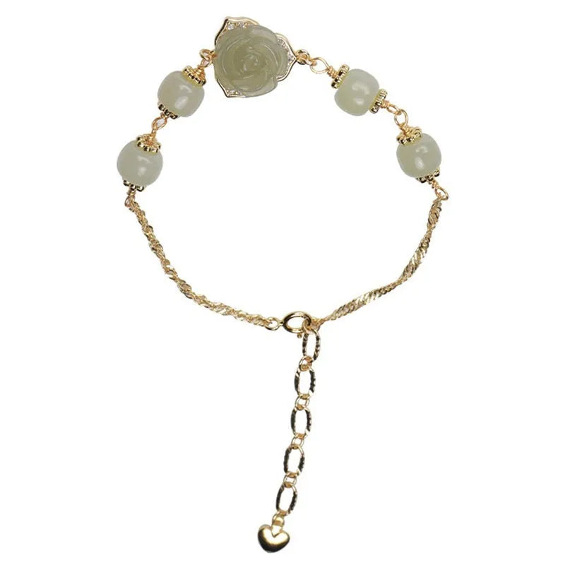 Women's floral bracelet in Hetian Jade Rose with 14K gold gilding and manual craftsmanship.