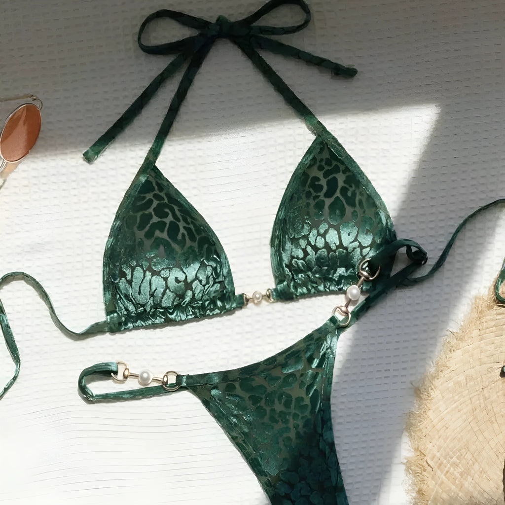 Pearl leopard print swimsuit bikini set with polyester fabric in blue and green leopard patterns