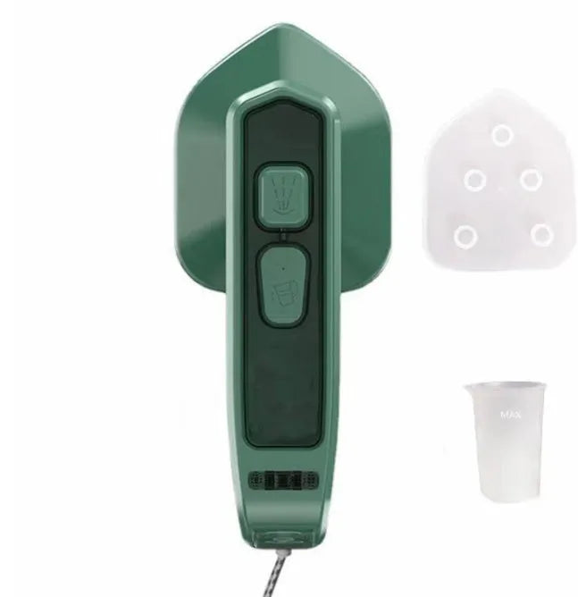 Dark green portable handheld hanging steam iron on a white background.