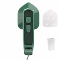 Dark green portable handheld hanging steam iron on a white background.
