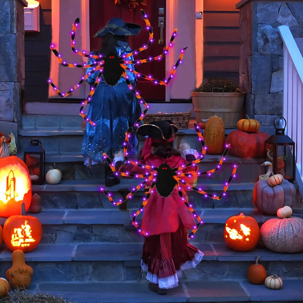 Halloween spider plush backpack with LED lights in orange, purple, white, green, or red colour options