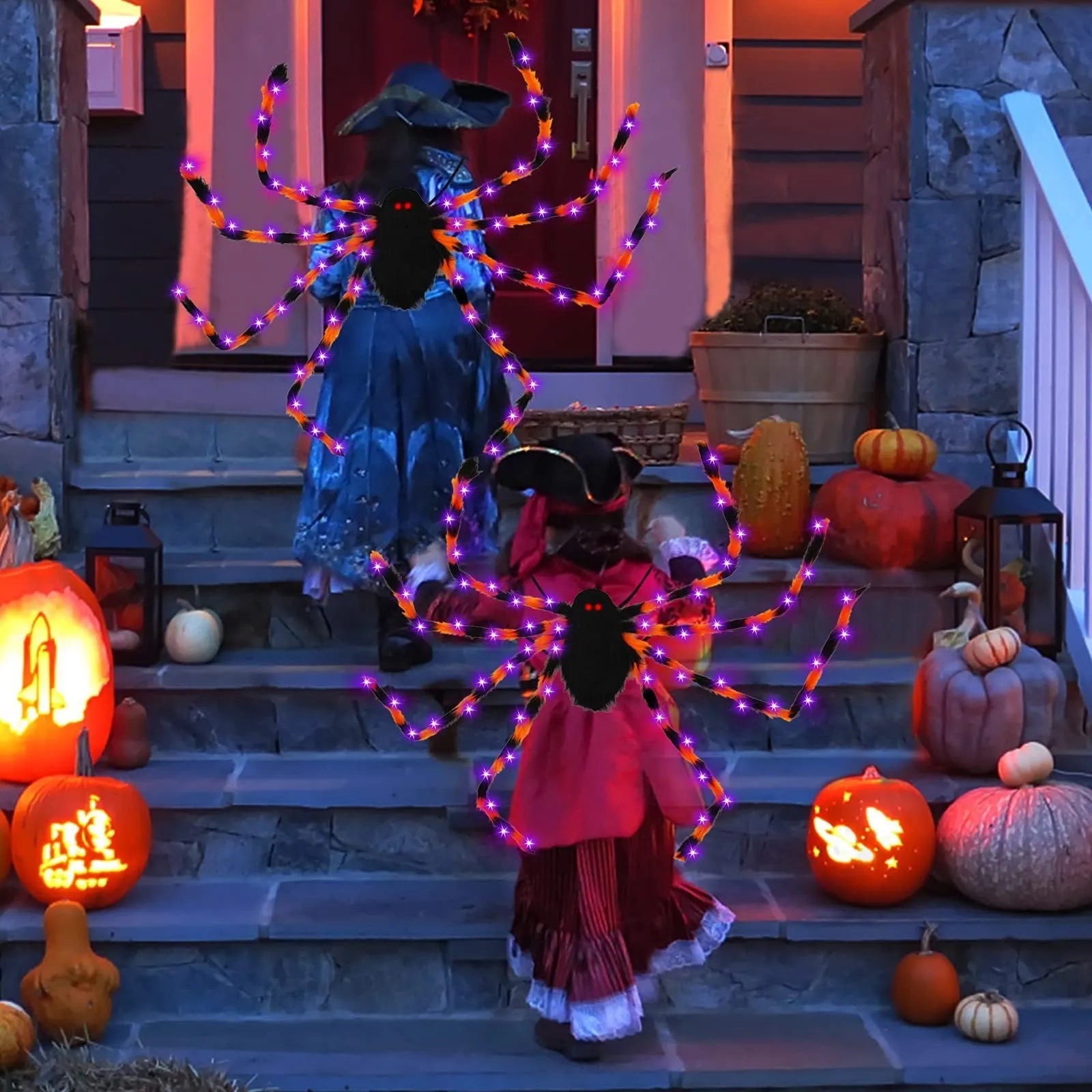 Halloween spider plush backpack with LED lights in orange, purple, white, green, or red colour options