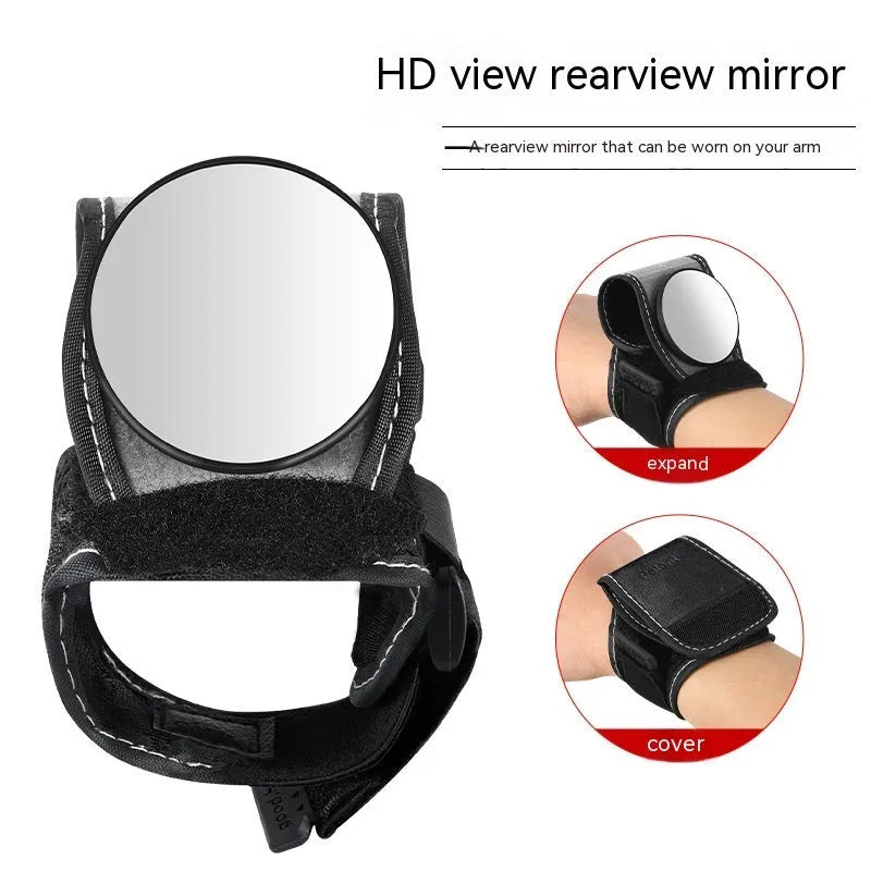 Black wrist-mounted bicycle rear-view mirror with adjustable arm for cycling safety