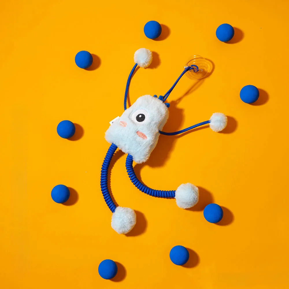 Blue four-ring soft plush cat toy with elastic rope and a mint bell.