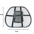 Black car lumbar support pillow showing polypropylene fibre mesh construction and 41x39cm dimensions