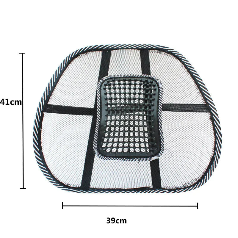 Black car lumbar support pillow showing polypropylene fibre mesh construction and 41x39cm dimensions