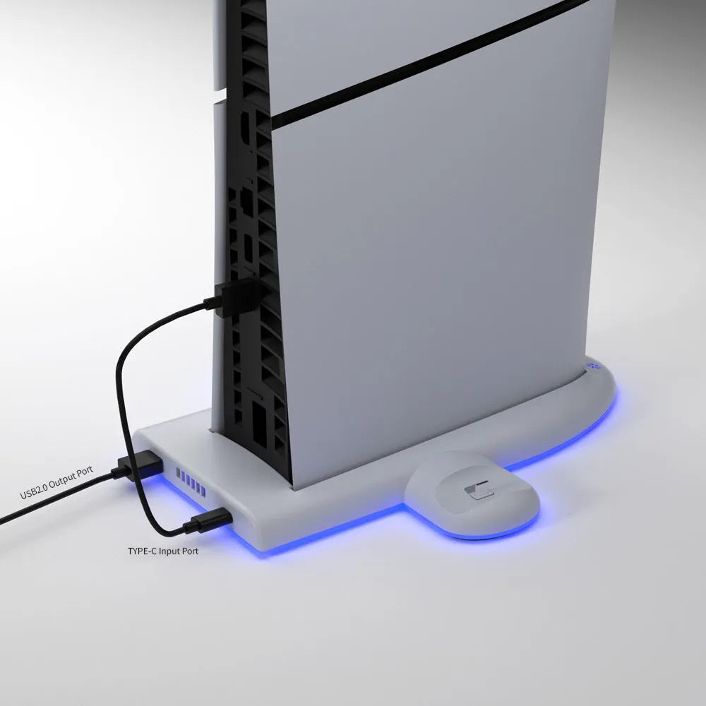 White PS5 Slim controller charging station with cooling pad and RGB ambient lighting