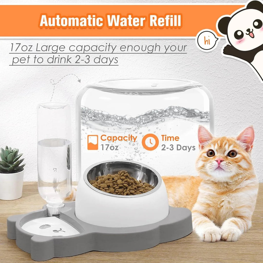 Grey automatic water dispenser and tilted raised stainless steel bowl pet feeder set.