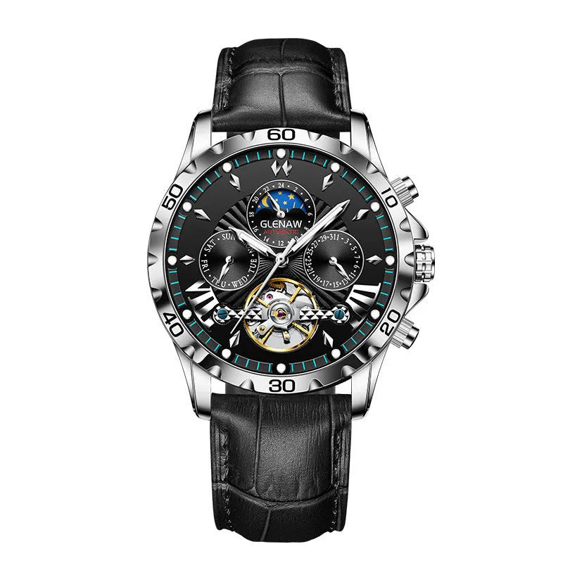 Men's automatic mechanical watch with hollowed-out skeleton dial, silver case, green circle, black leather strap