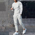 Men's light grey polyester two-piece casual suit with round neck long sleeve T-shirt and trousers
